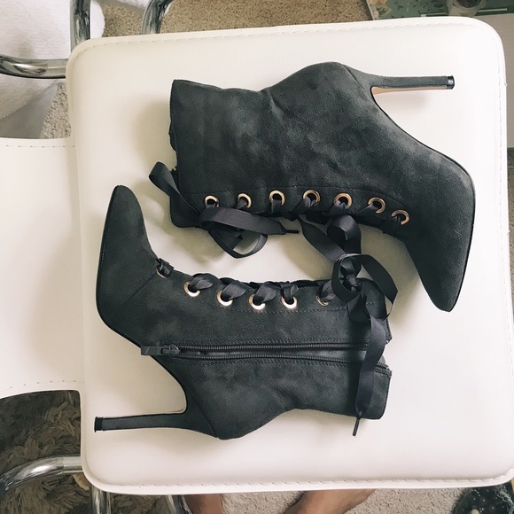 Gray Heels Boots Lace-up Suede Heeled Bootie Shoes - Picture 2 of 8